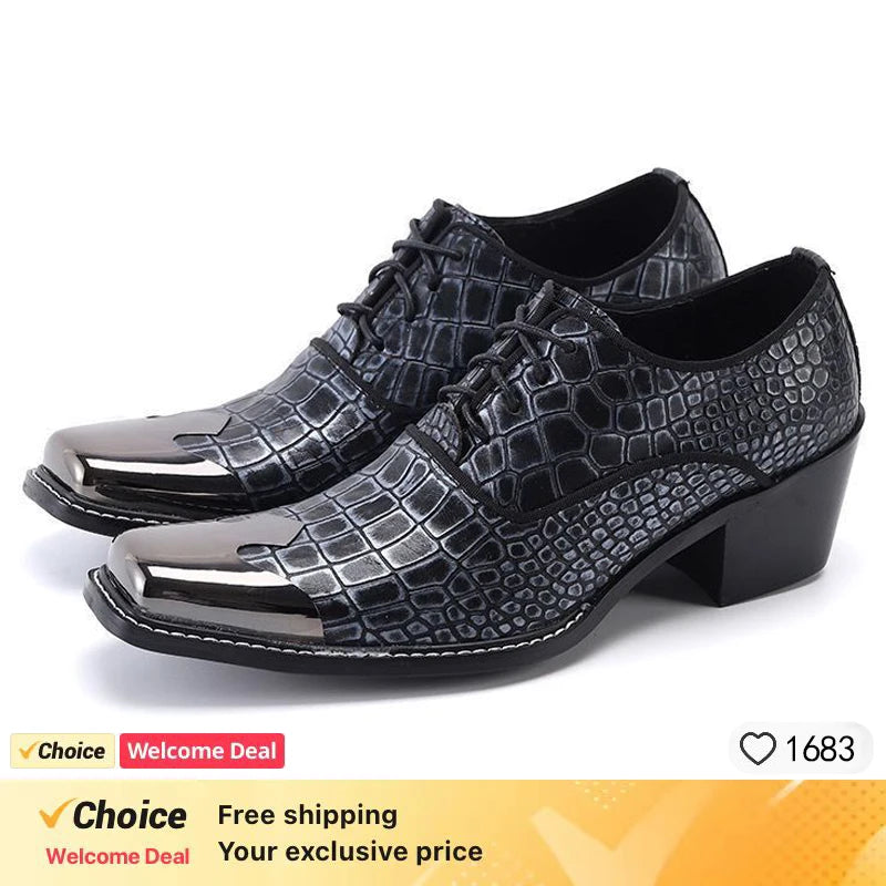 Italian men's flat top loafers, black men's dresses, casual shoes, checkered printed wedding high heels, leather shoes for men