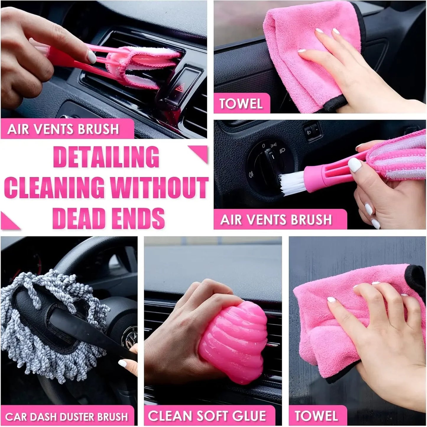 17pcs Car Cleaning Kit, Pink Car Interior Detailing Kit with High Power Handheld Vacuum, Detailing Brush Set, Windshield Cleaner