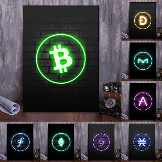 Bitcoin and Ethereum ETH BTC Neon Crypto Market Office Wall Art Pop Posters Prints Canvas Painting Room Home Decor