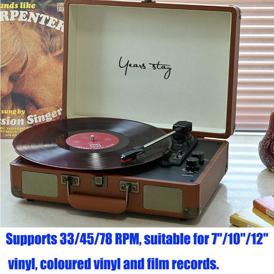 Vintage Portable Handheld Vinyl Record Player, Turntable Three Speed Adjustable Ruby Stylus Bluetooth 5.0 Cube Sound Output