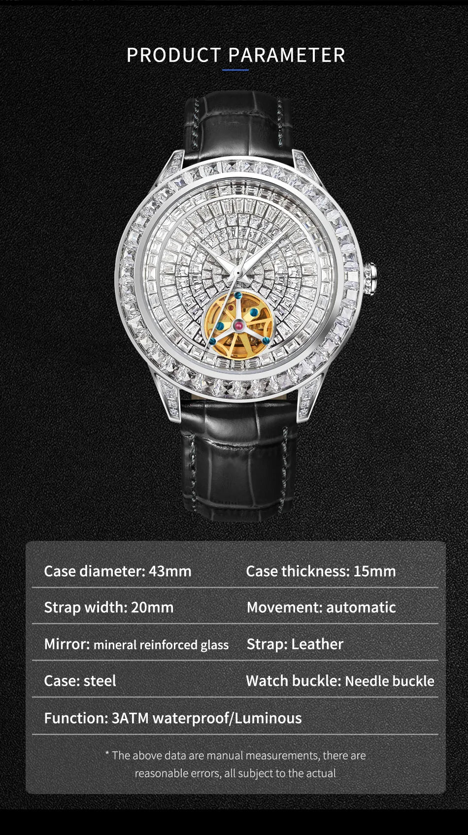 2024 New Haemmer jacob Diamond Face Tourbillon Mechanical Men's Watch Men's Genuine Leather Luminous Waterproof Mechanical Watch