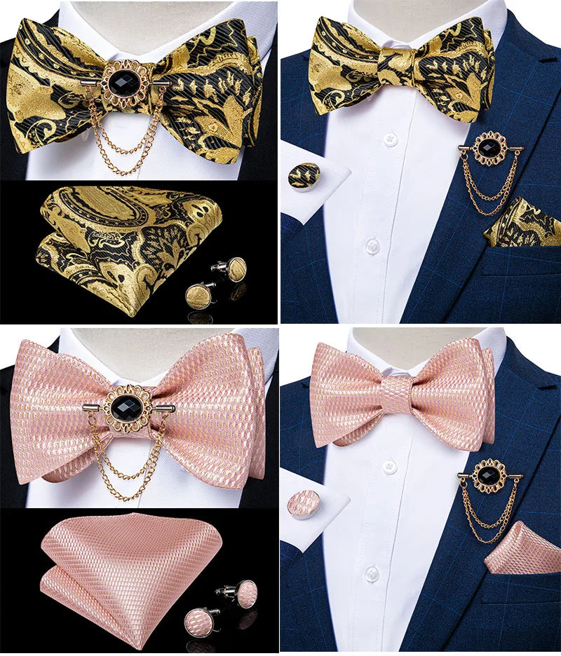 Luxury Gold Black Paisley Self Tie Men's Bow Tie Silk Woven Wedding Party Butterfly Ties Hanky Brooch Pin Set Tuxedo Bow DiBanGu