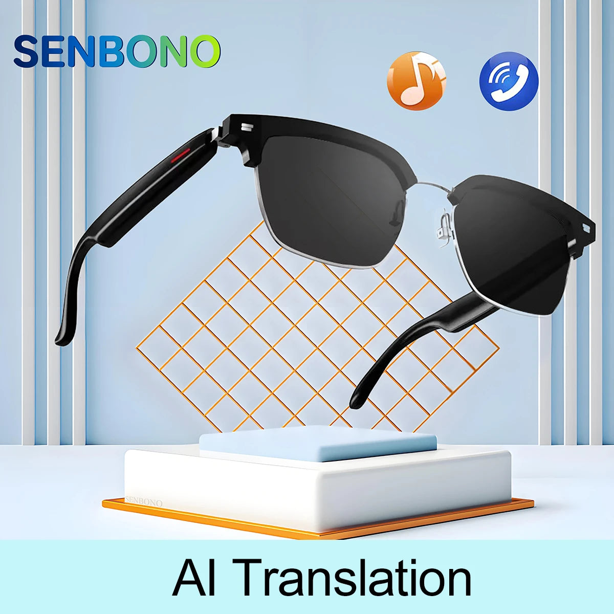 SENBONO Smart Glasses AI Translation Glasses 100+ Languages Real-time Translation Bluetooth Music Built-in Mic & Speakers