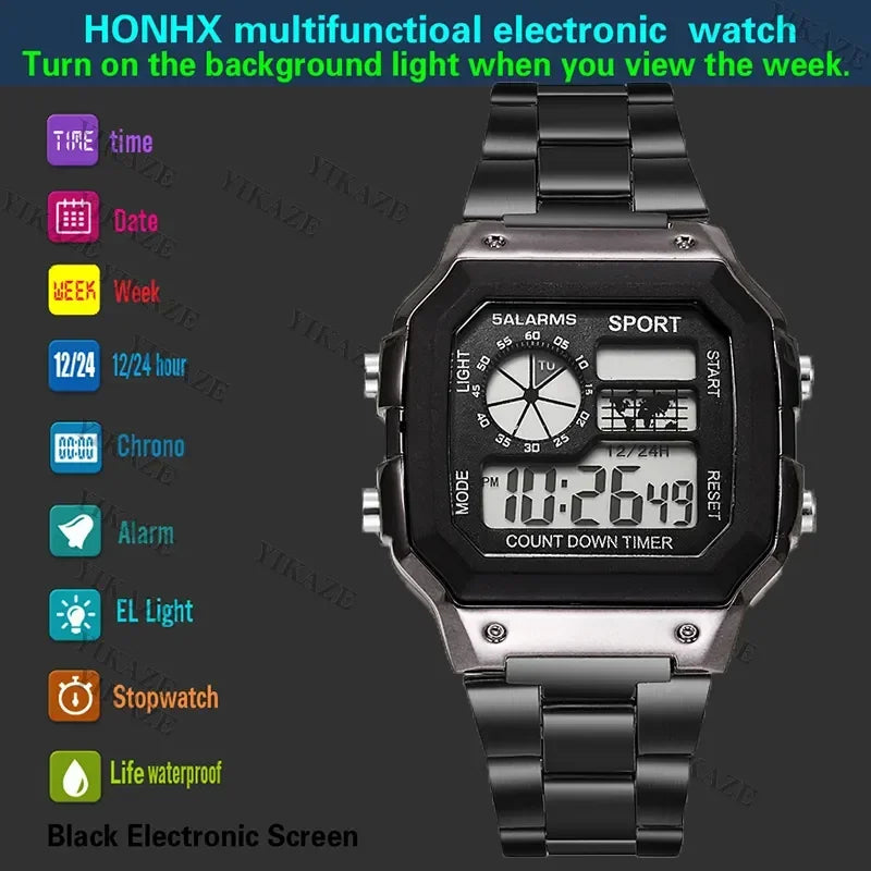 Digital Watch Men's Watch Stainless Steel Strap Countdown Sport Watches Waterproof Led Electronic Wristwatch for Men Gift