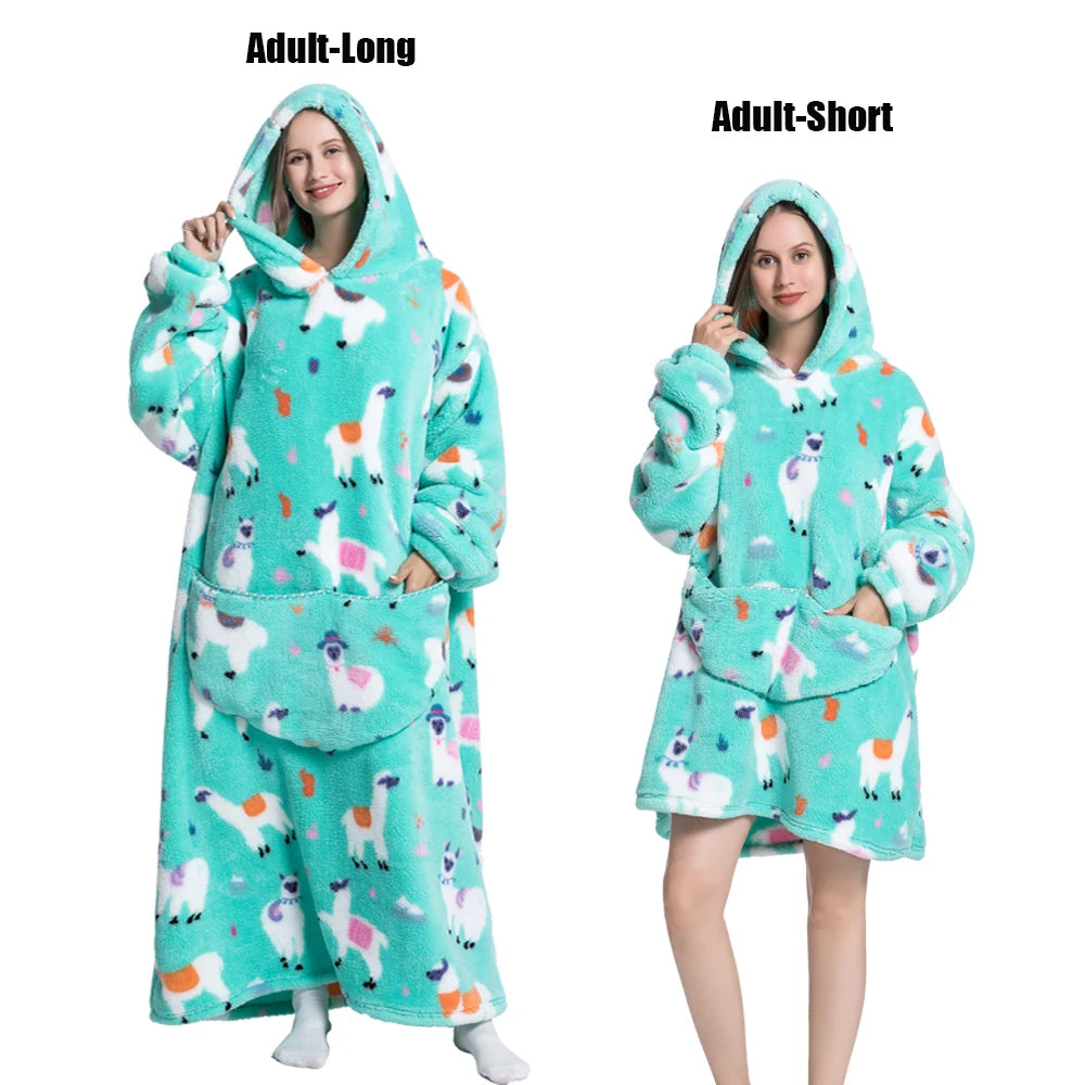 Thick Flannel Blanket Hoodies for Women Adult Panda Wolf Cat Pullover Winter Sherpa TV Blanket Homewear Oversized Sweatshirts