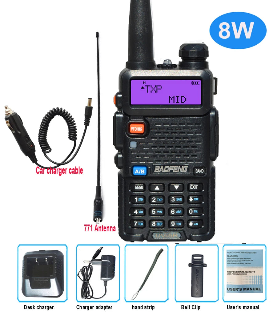 Baofeng UV 5R Walkie Talkie True 8W Portable Ham CB Radio Dual Band VHF UHF FM Transceiver Two Way Hunting Radios UV82 UV9R Plus