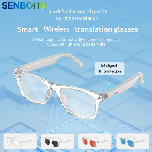 SENBONO Smart Glasses AI Translation Glasses 100+ Languages Real-time Translation Bluetooth Music Built-in Mic & Speakers