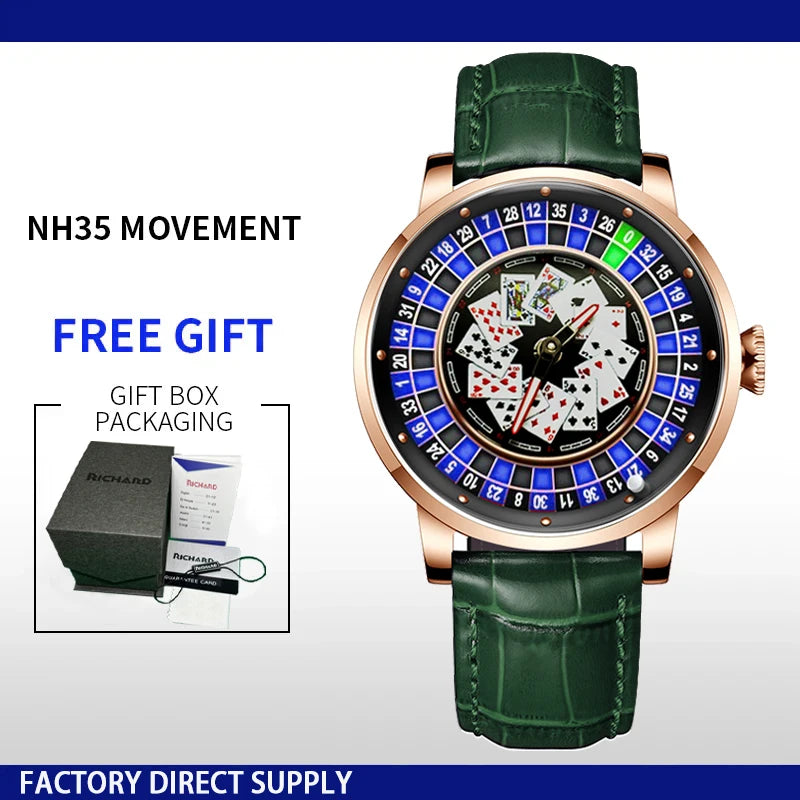 Richard New Mechanical Watch NH36 Sapphire Glass Rotating Dial Las Vegas Roulette Desktop Theme Automatic Watch Men Texas Holdem