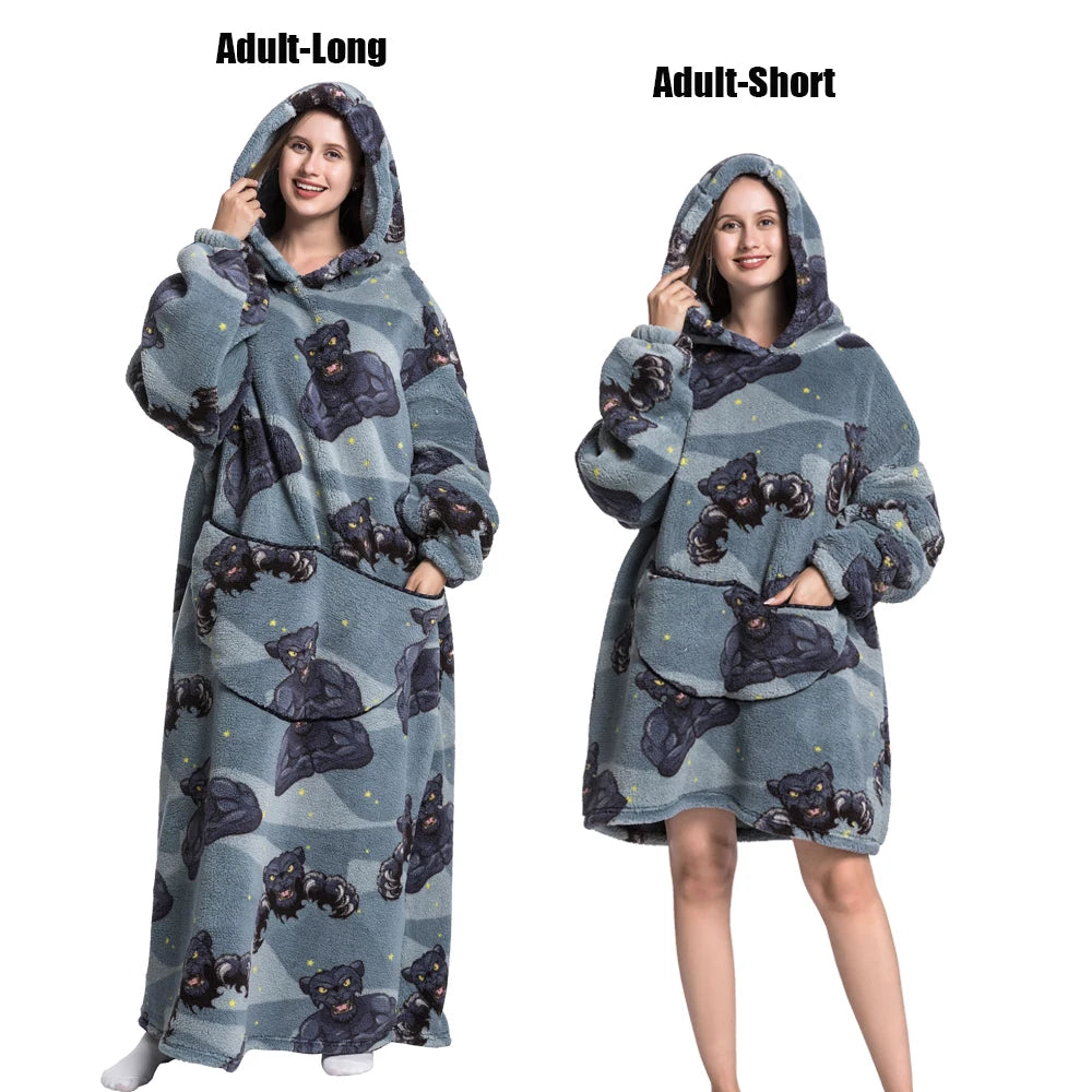 Thick Flannel Blanket Hoodies for Women Adult Panda Wolf Cat Pullover Winter Sherpa TV Blanket Homewear Oversized Sweatshirts