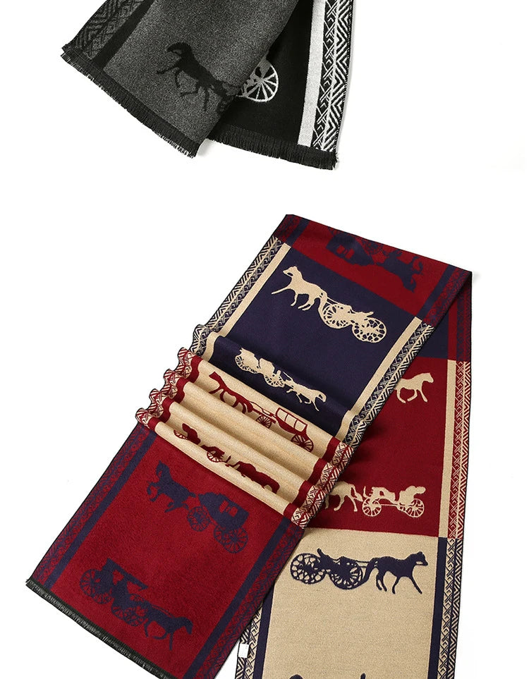 Men's Autumn Winter Horse Pattern Scarf Luxury Gentleman Cashmere Feel Muffler Student Spring Fall Wrap Soft Warm Neckerchief