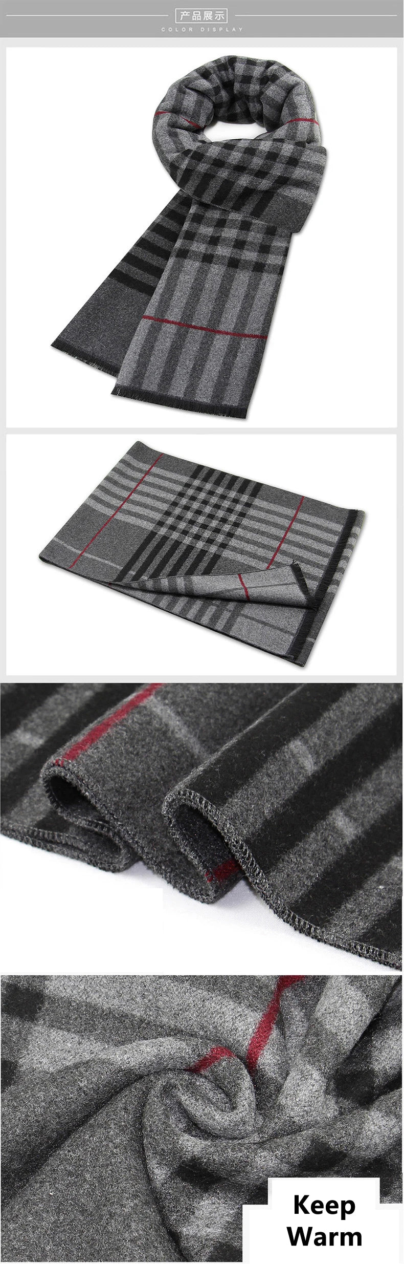 Classic Plaid Men Scarfs Winter Warm Cashmere Soft Scarf For Men Casual Business Neckerchief Black Gray Silk Scarves 30*180cm