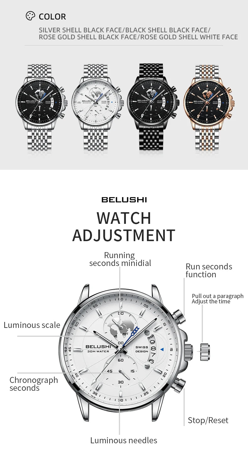 BELUSHI New Fashion Sport Quartz Watches Men Luxury Business Watch Waterproof Wristwatches Male Clock Relogio Masculino