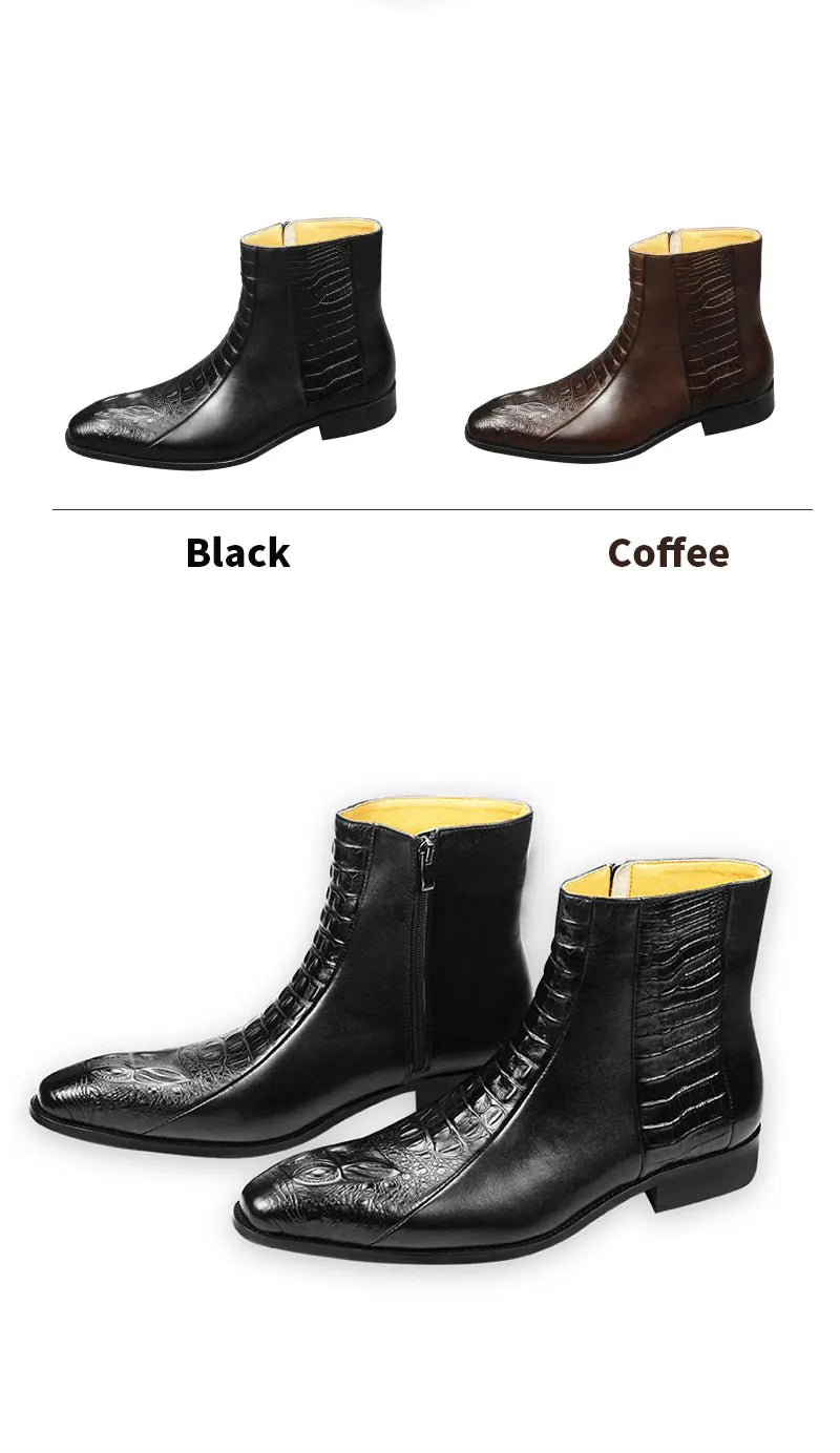 Fashion Crocodile Engraved Zipper Men's Boots Genuine Cow Leather High Ankle Winter Luxury Business New Design Boot High Quality