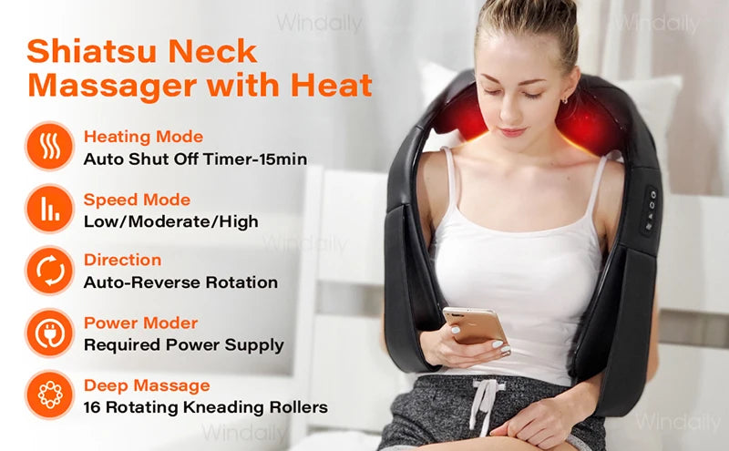 4D Shiatsu Neck and Shoulder Massager With Heat Electric Back Massagers Kneading Massage Pillow Full Body Muscle Home Car Use