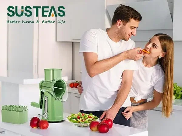 SUSTEAS Rotary Cheese Grater with Handle, Food Shredder with 5 Well-designed Blades & Strong Suction Base,Round Mandoline Slicer