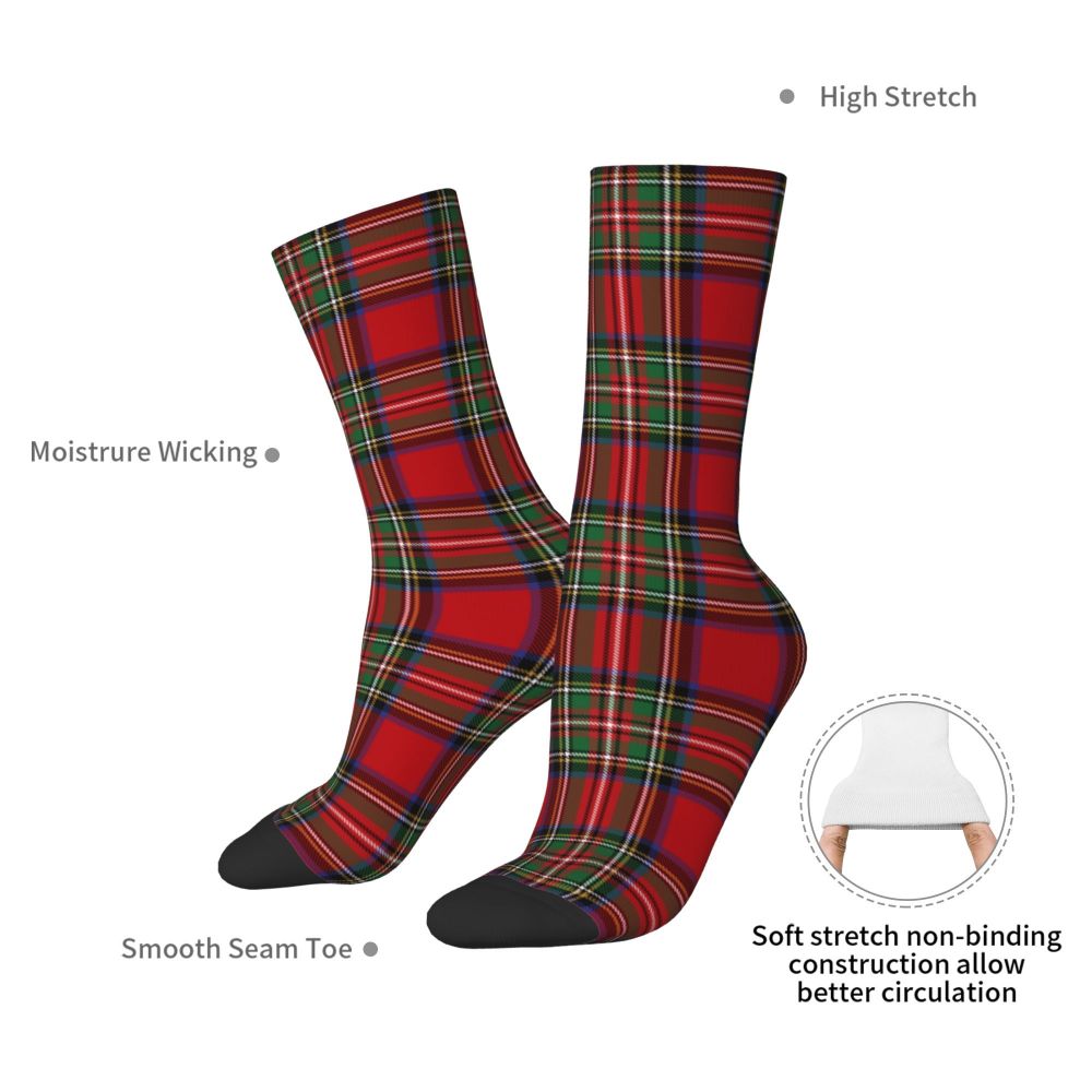 Funny Tartan Clan Stewart Plaid Black Red Check Football Socks Polyester Middle Tube Socks for Unisex Sweat Absorbing