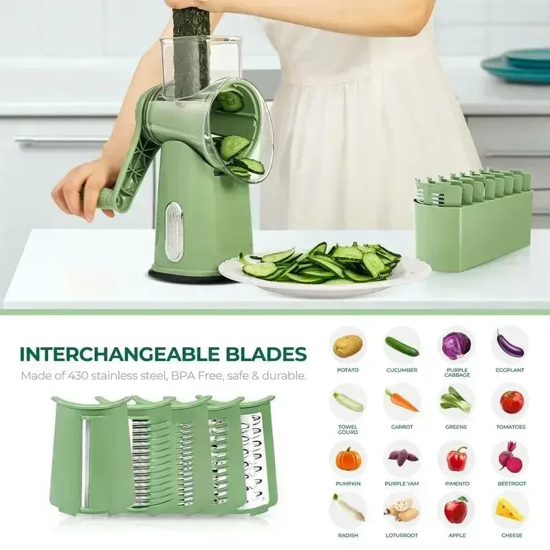 SUSTEAS Rotary Cheese Grater with Handle, Food Shredder with 5 Well-designed Blades & Strong Suction Base,Round Mandoline Slicer