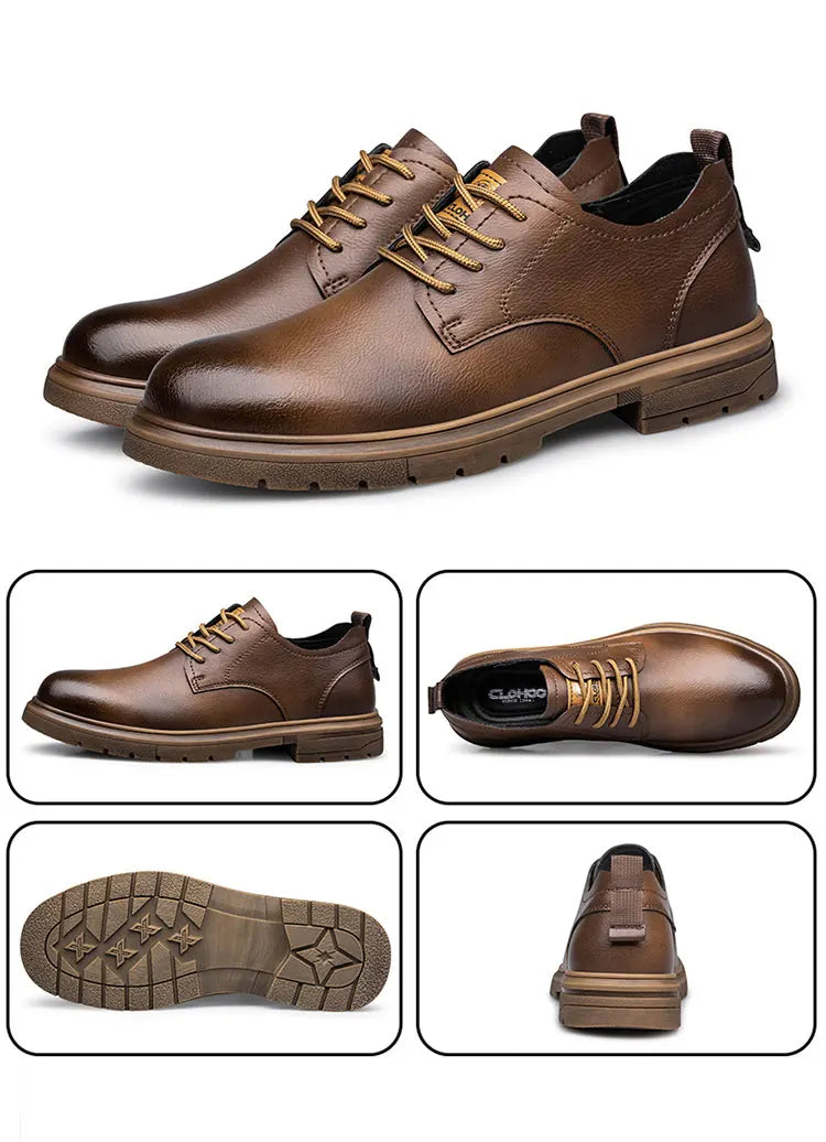 CLOHOC two layer cowhide business casual shoes breathable soft sole comfortable classic lace-up men's shoes