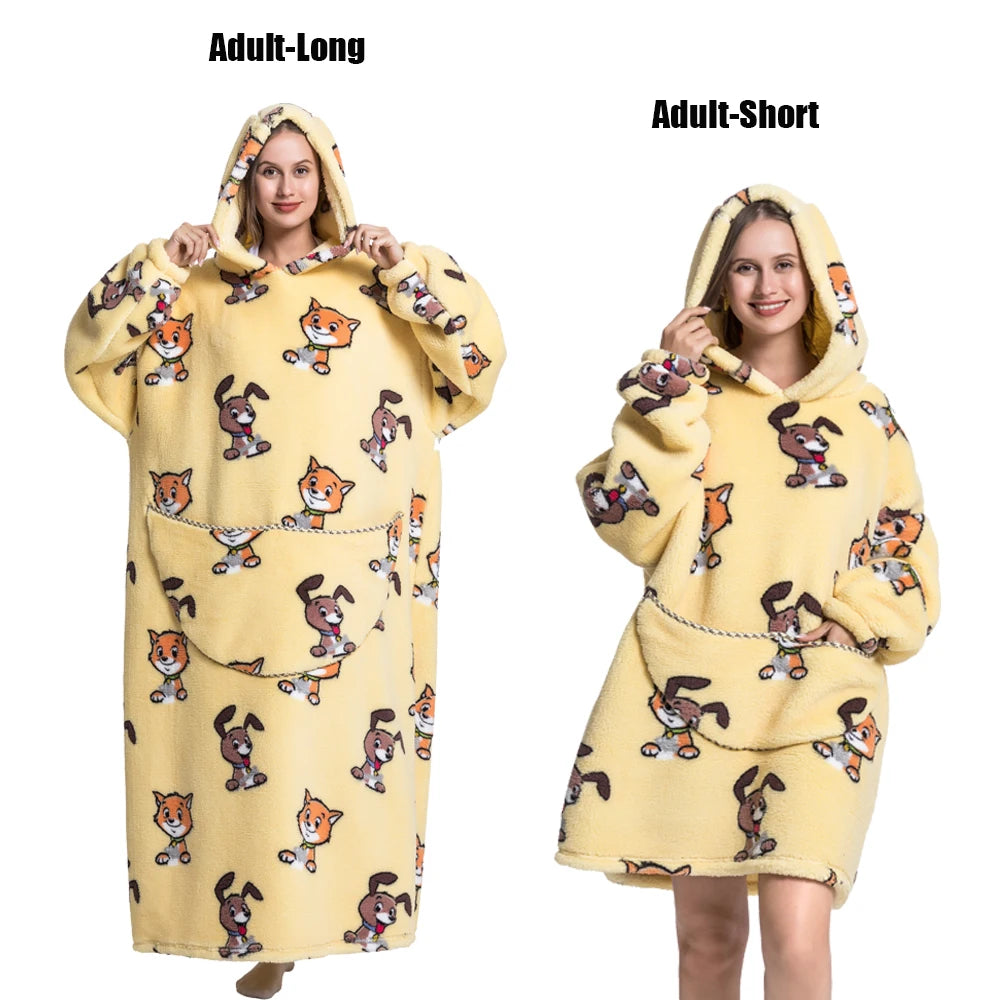 Thick Flannel Blanket Hoodies for Women Adult Panda Wolf Cat Pullover Winter Sherpa TV Blanket Homewear Oversized Sweatshirts