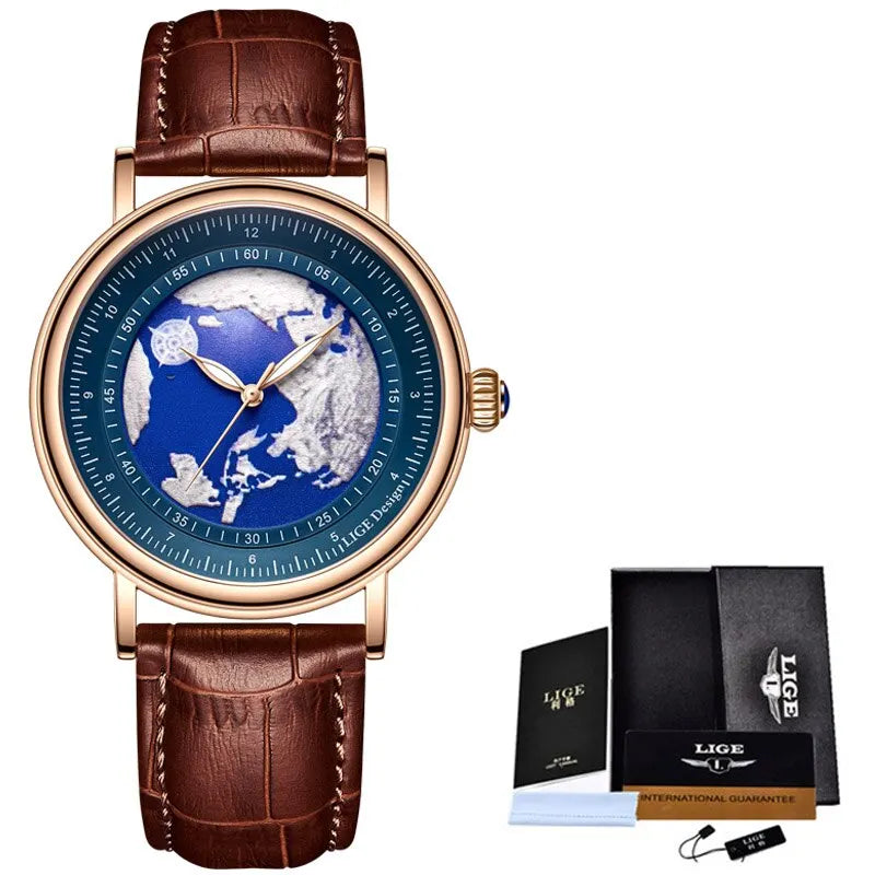 LIGE Mens Watches Fashion Blue Planet Creative Earth Quartz Wristwatch Leather Waterproof Watch For Men Clock Relogio Masculino