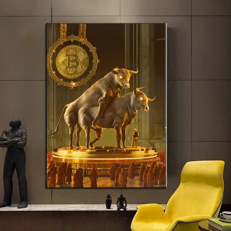 Crypto Fiat Nft Bitcoin Kiss Klimt Graffiti Art Golden Bull Halving Ceremony ALPHA Poster and Print Canvas Painting Room Decor