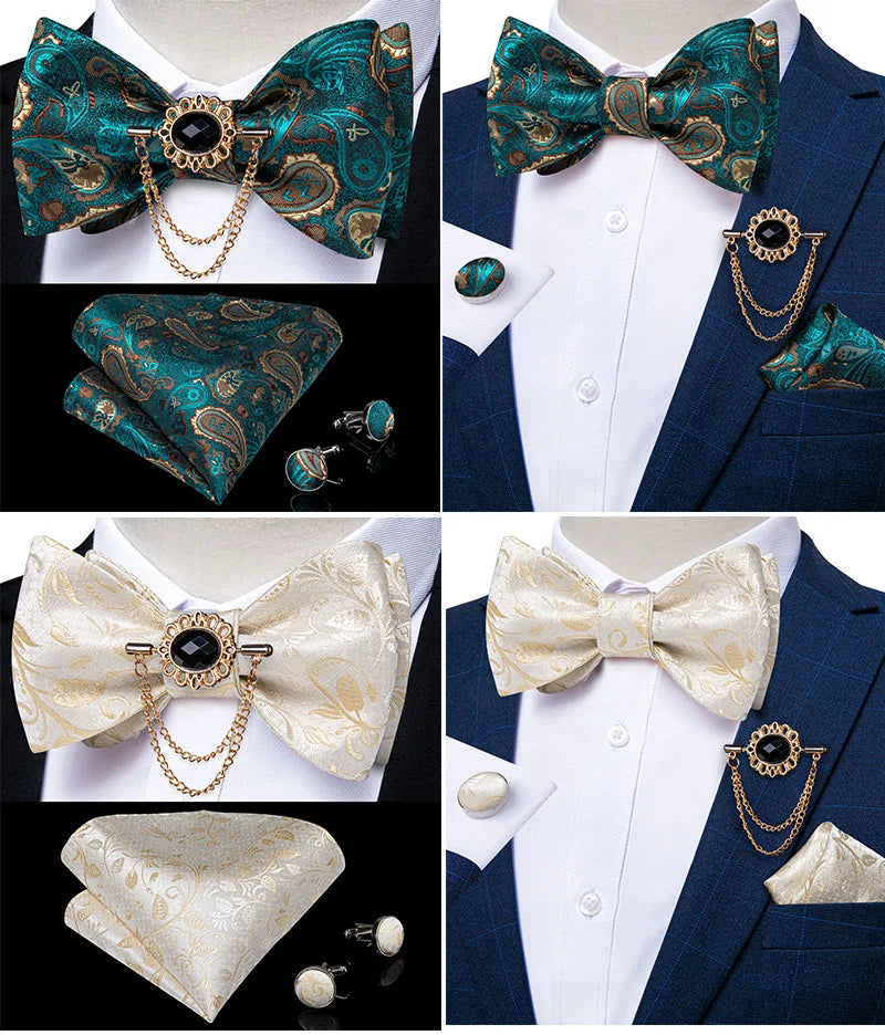 Luxury Gold Black Paisley Self Tie Men's Bow Tie Silk Woven Wedding Party Butterfly Ties Hanky Brooch Pin Set Tuxedo Bow DiBanGu