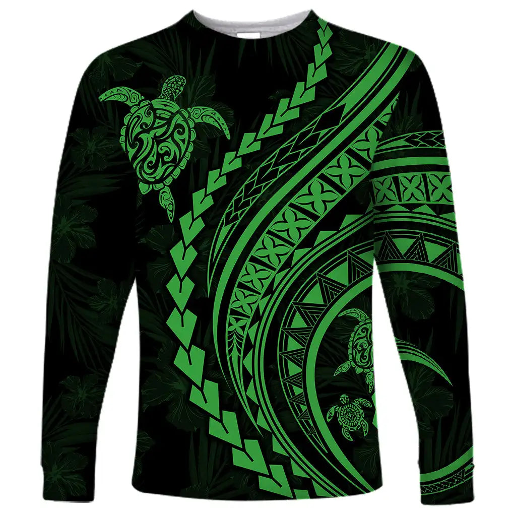 2024 new men's Polynesian long-sleeved T-shirt 3D printed turtle hibiscus luxury print men's autumn tops casual round neck