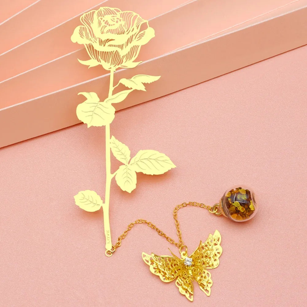 Metal Golden Rose Bookmarks Gift Box Flower Bookmark Student Stationery Gifts Unique Page Marker Book Page Holder Book Clip