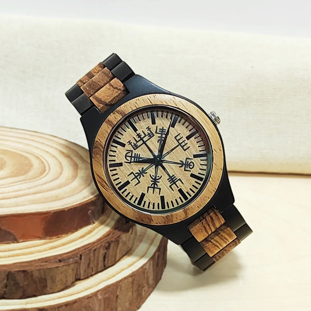 Wooden Wrist Watches Man Viking Symbol Element Clock Personalized Anniversary Gift for Husband Men's Wood Quartz Wristwatches