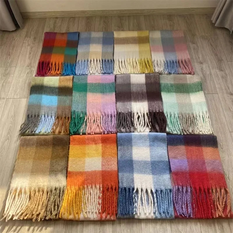 Winter Fashion Brand Plaid Scarf Women Warm Pashmina Female Scarves Wraps Bufanda Tassels Shawl Long Rainbow Hairy Luxury Brand