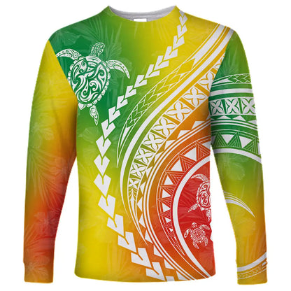 2024 new men's Polynesian long-sleeved T-shirt 3D printed turtle hibiscus luxury print men's autumn tops casual round neck