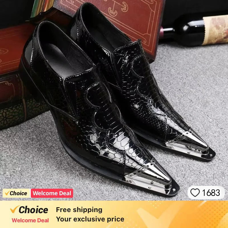 Italian men's flat top loafers, black men's dresses, casual shoes, checkered printed wedding high heels, leather shoes for men