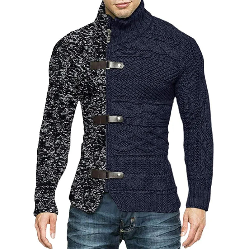 Autumn Winter Mens Sweatercoat Patchwork Turtleneck Cardigan Man Casual Knitted Slim Fit Long Sleeve Fashion Sweater Outerwear