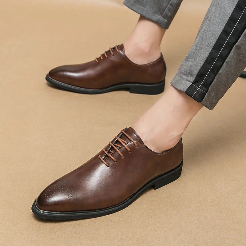 British Style Men's Party Dress Shoes Brown Simple High-end Leather Casual Shoes Pointed Low Cut Men's Loafers Lace Up Style