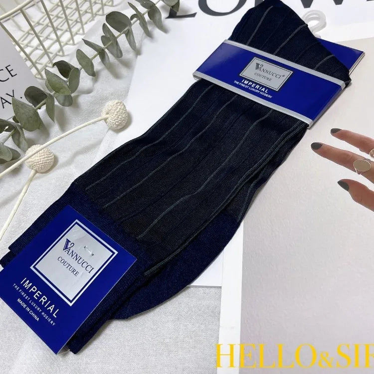 Business Stockings for Men Solid Color Lines Thin Silk Breathable Formal Suit Dress Socks Men Sexy Elastic Stripe Mid Tube Socks