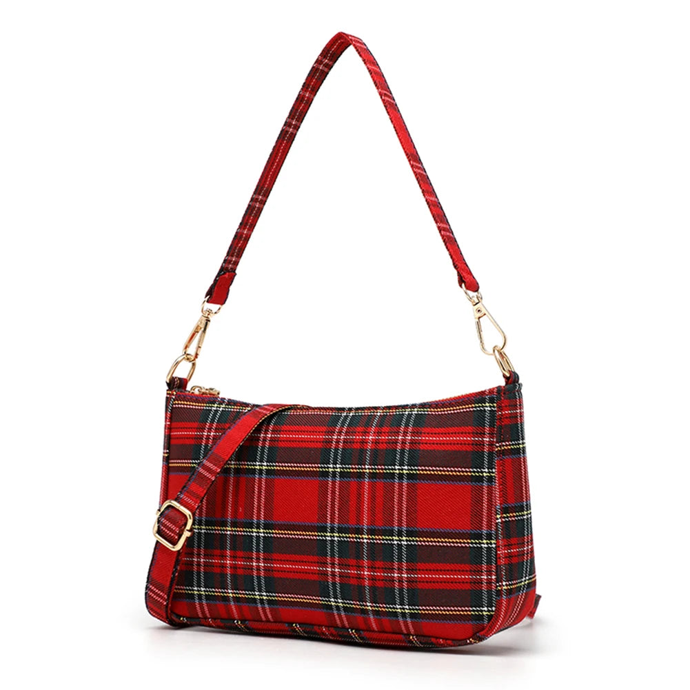 Women Fashion Shoulder Bag Punk Tartan Check Stylish Commuting Bag Simple Plaid Satchel Bag with 2 Straps Tote Handbag