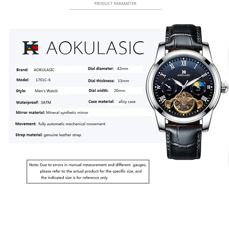 AOKULASIC luxury Mens Mechanical Watch Fashion Sports Waterproof Automatic Watches Man Moon Phase Tourbillon Luminous Wristwatch