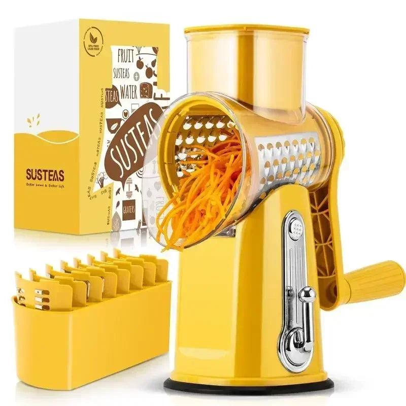 SUSTEAS Rotary Cheese Grater with Handle, Food Shredder with 5 Well-designed Blades & Strong Suction Base,Round Mandoline Slicer