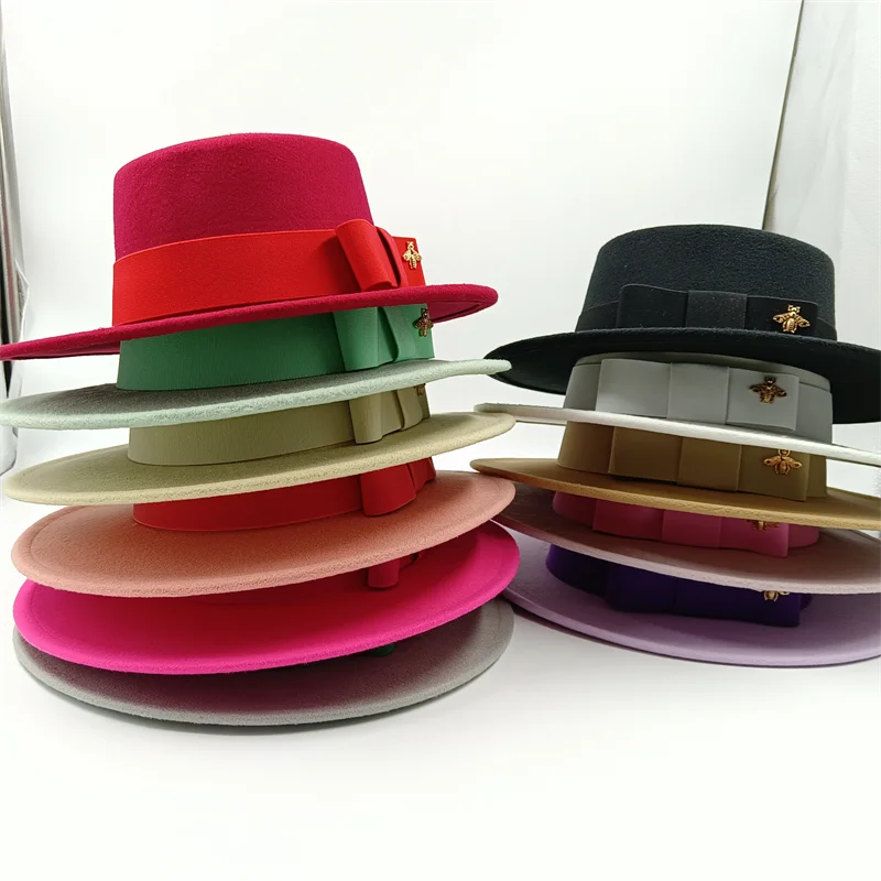 Bow Tie Fedora Hat Winter Round Bumpy Surface Flat Top Bow Tie Elastic Band Men's and Women's Red Jazz Hat Fedora