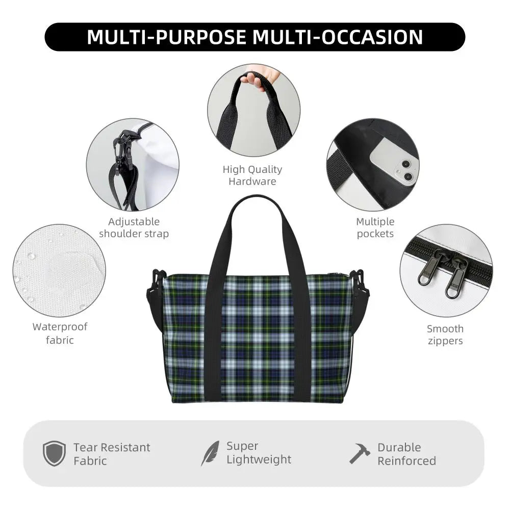 Custom Popular Tartan Plaid Beach Tote Bag for Women Extra Large Gym Carry On Geometric Gingham Check Texture Shopping Bags