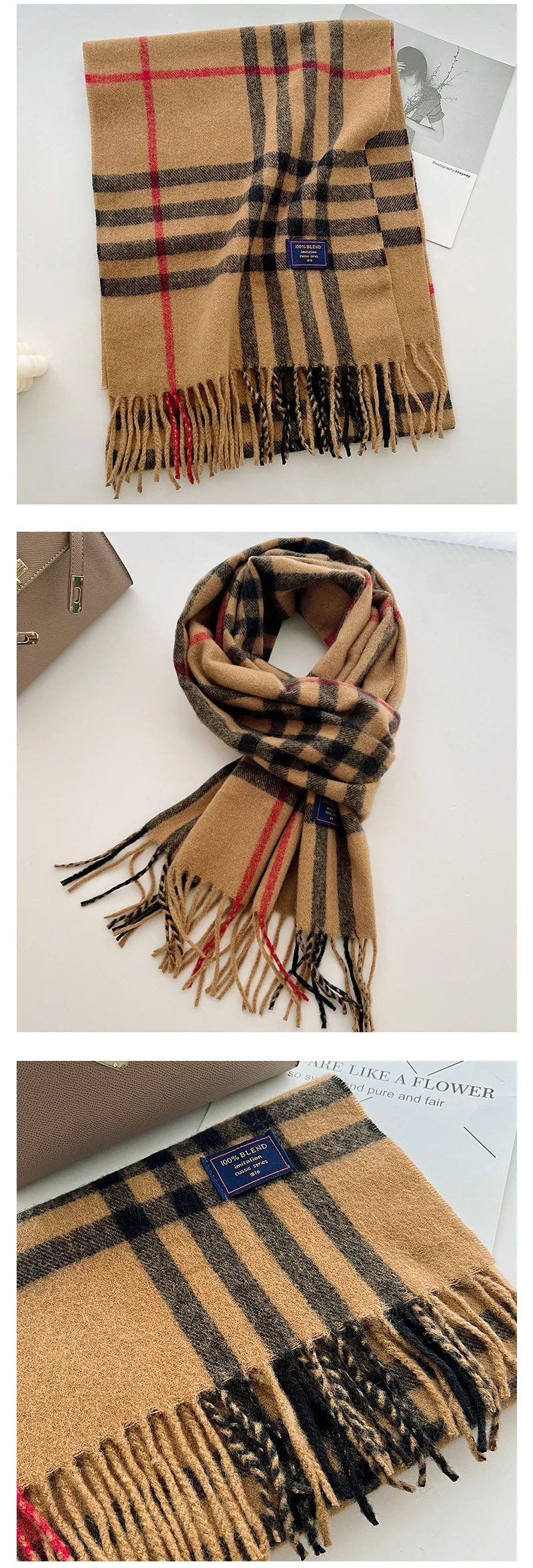 Chic Design Soft Warm Women Scarf Autumn Winter Classic British Imitation Cashmere Muffler Men Plaid Thermal Tassel Shawl Couple