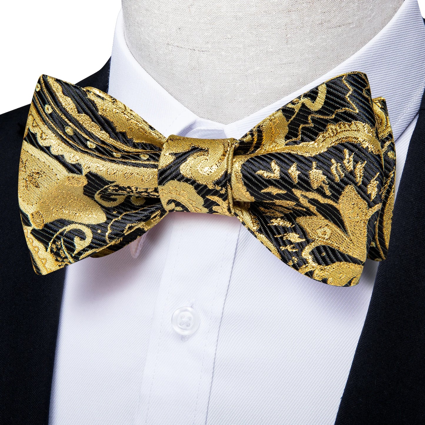 Luxury Gold Black Paisley Self Tie Men's Bow Tie Silk Woven Wedding Party Butterfly Ties Hanky Brooch Pin Set Tuxedo Bow DiBanGu