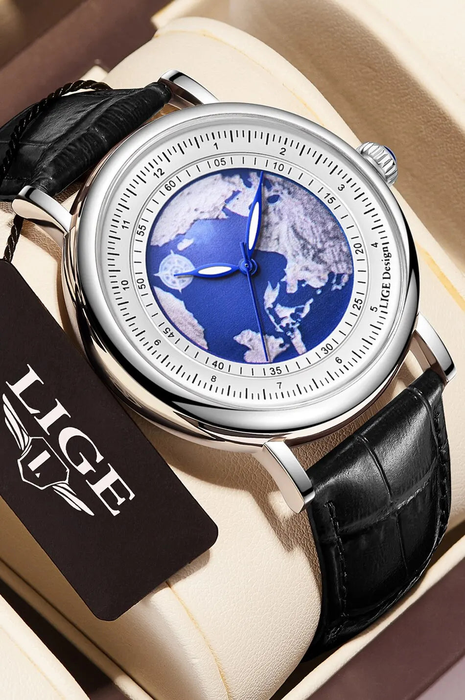 LIGE Mens Watches Fashion Blue Planet Creative Earth Quartz Wristwatch Leather Waterproof Watch For Men Clock Relogio Masculino