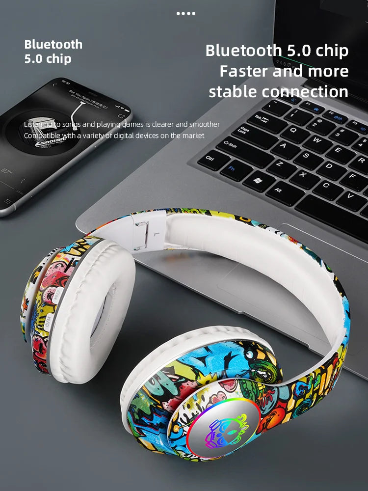 Wireless Headset Flash Light Kids Ear Headphones with Mic Bluetooth Headsets Stereo Music Game Headphone Girls Boys Gift