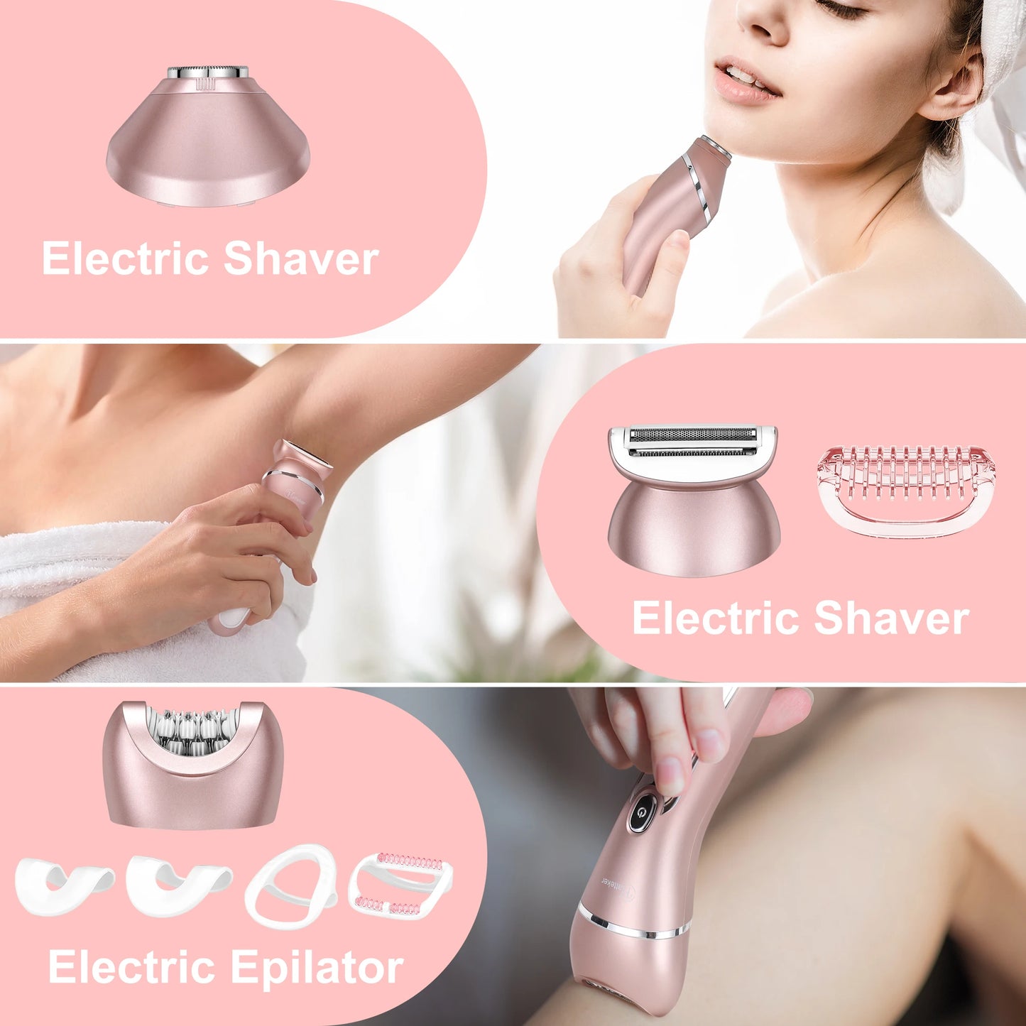 Hatteker Electric Epilator Hair Removal for Women 3 in 1 Shaver for Legs Arms Underarms Bikini Public Hair Wet Dry Razor