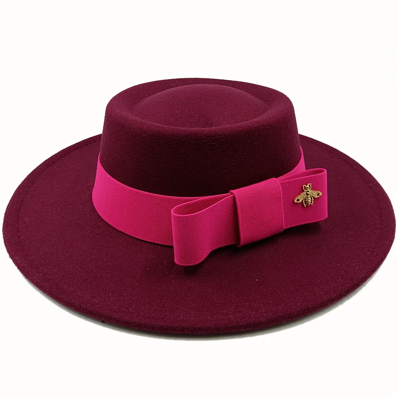 Bow Tie Fedora Hat Winter Round Bumpy Surface Flat Top Bow Tie Elastic Band Men's and Women's Red Jazz Hat Fedora