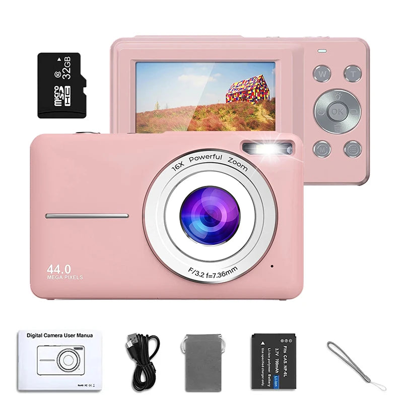 HD 1080P 2.4 Inch Digital Camera Rechargeable Cameras with 16x Zoom Compact Camera 44MP Cameras for Kids Beginner Camera