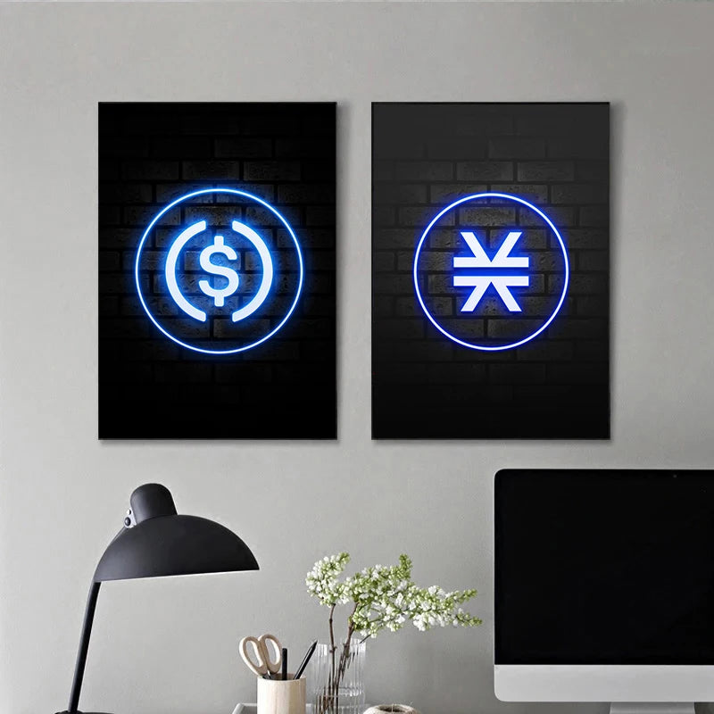 Bitcoin and Ethereum ETH BTC Neon Crypto Market Office Wall Art Pop Posters Prints Canvas Painting Room Home Decor