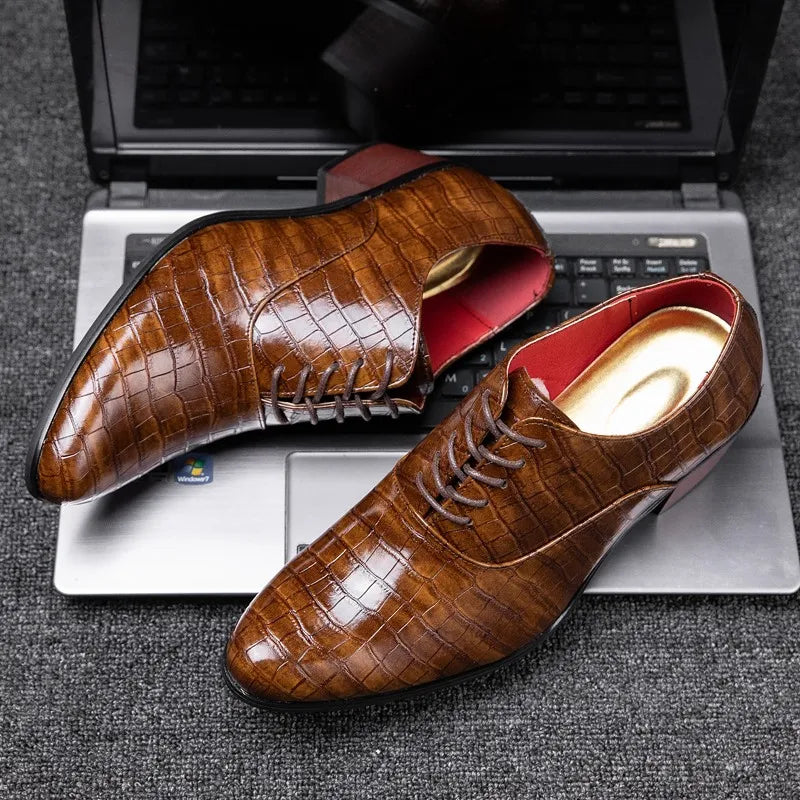 New Crocodile Increase Men's Heel Shoes Formal Leather Brown Men Loafers Dress Shoes Fashion Mens Casual Shoes Zapatos Hombre