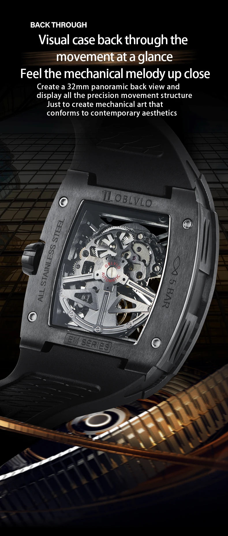 OBLVLO Top Brand Men Automatic Mechanical Watch Skeleton Luminous Wine Barrel Carbon Fiber Case Rubber Strap Waterproof EM